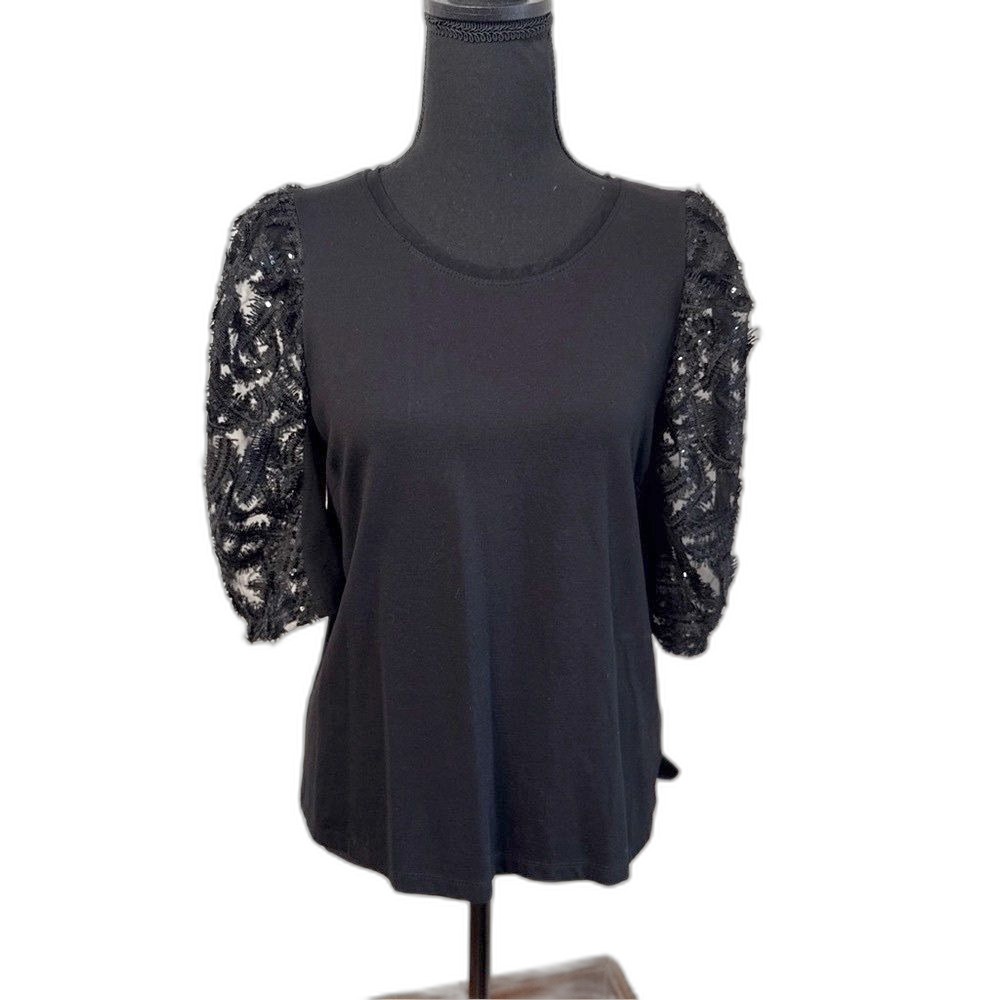 Anthropologie Puffed Lace Sequin Sleeve Shirt Black Women’s Size M. NWT